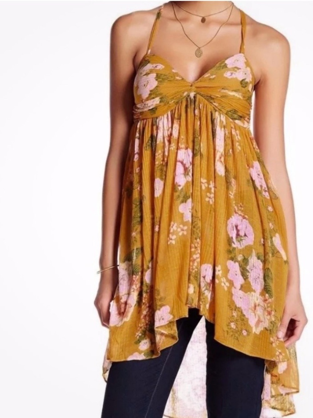 Free People Mustard Floral Hi Lo Hem Removable Spaghetti Strap Tunic